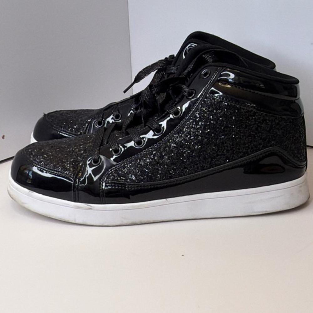 Black Glitter Patent Leather High Top Sneakers Lace Up Glossy Streetwear Shoes